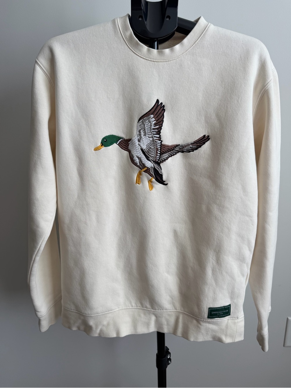 Zara Men's Cream Crewneck Sweatshirt with Mallard Embroidery